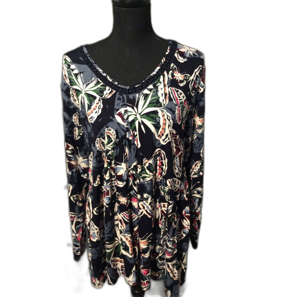 New NWT Plus size 18 Tunic butterfly Navy Blue Stretch Long Sleeve